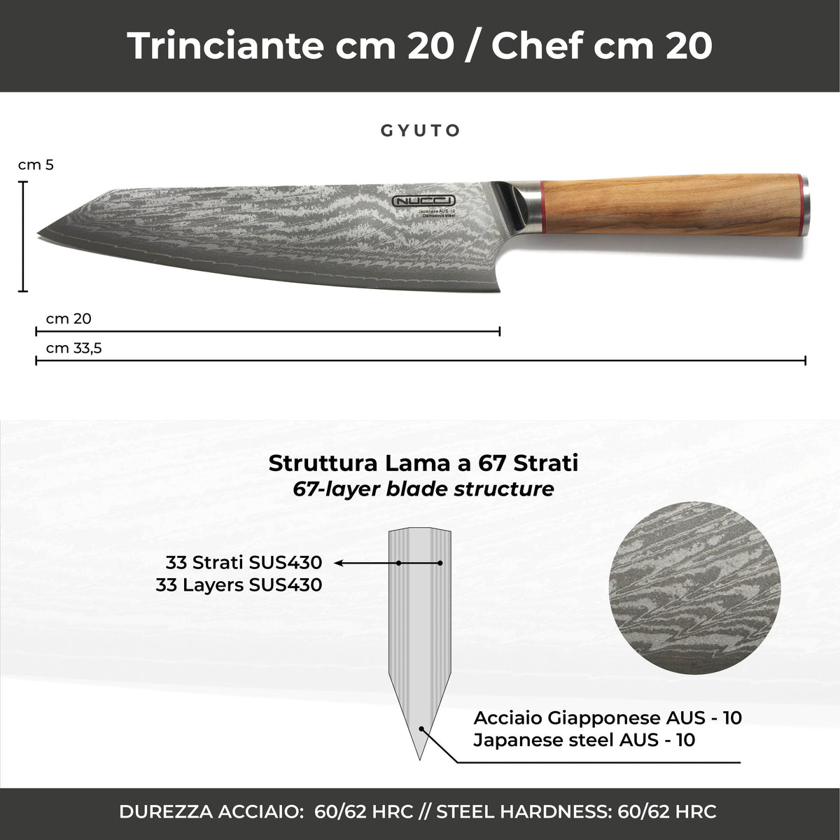 Coltello Trinciante 20cm Damascato Giapponese con manico in olivo