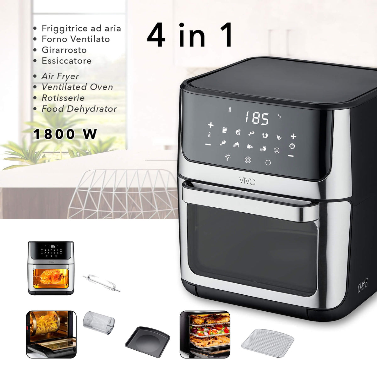 FRIGGITRICE AD ARIA 12 Litri - 4 in 1 Forno essiccatore girarrosto e friggitrice