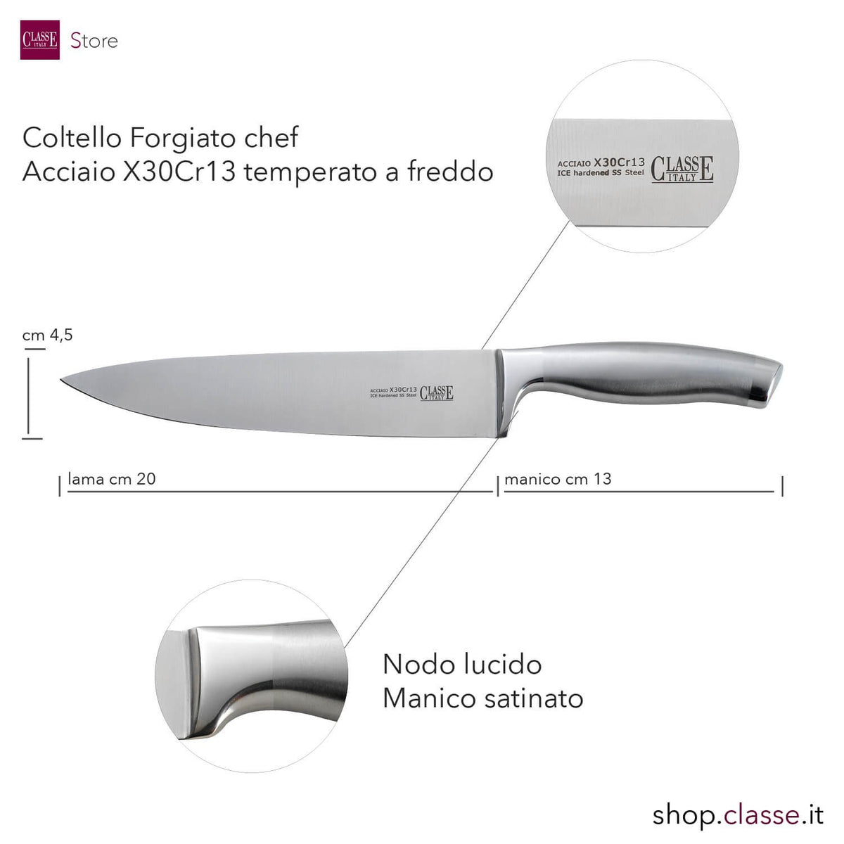 coltello cucina forgiato cm 20 manico acciaio dettaglio misure