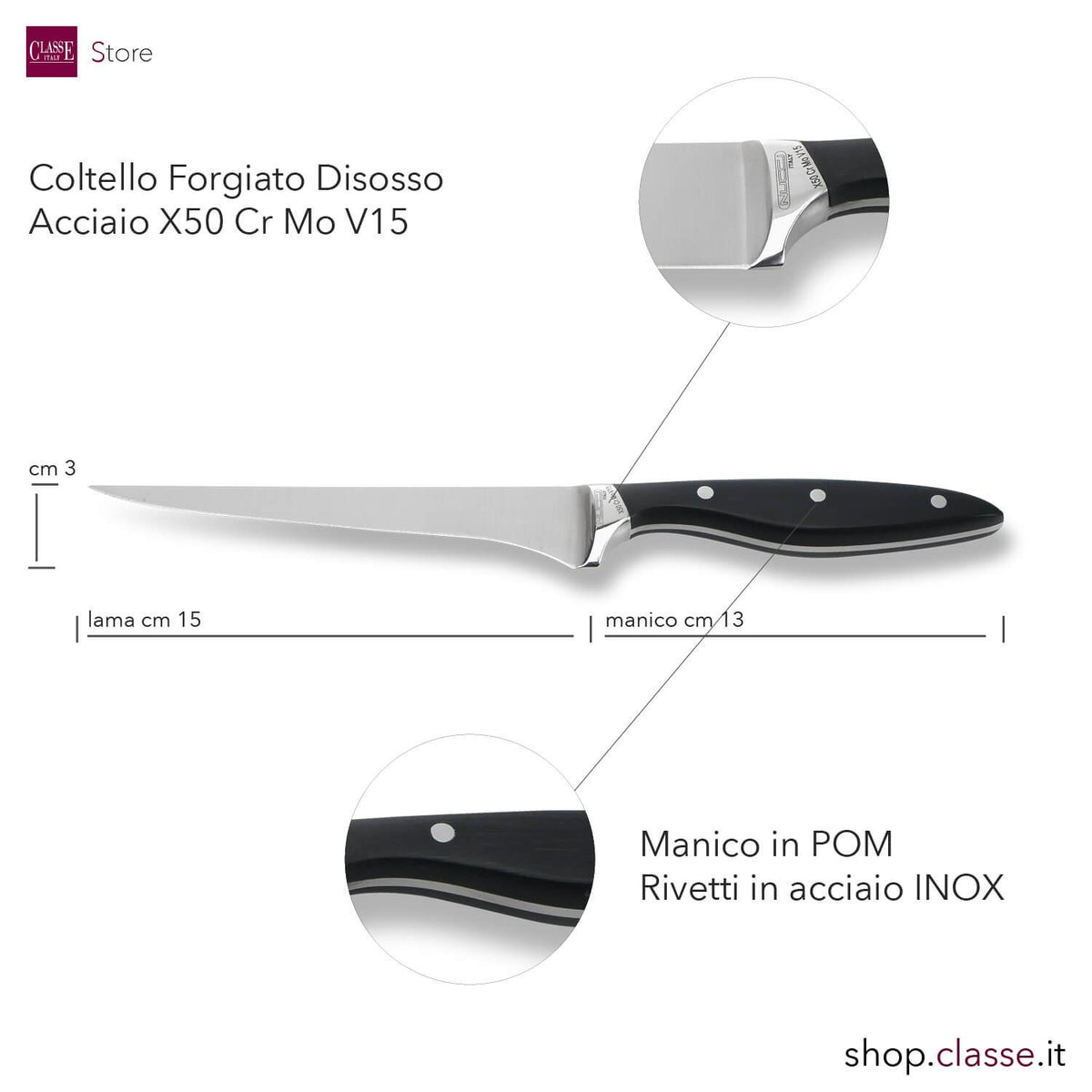 COLTELLO DISOSSO CM15 FORGIATO MANICO NERO DETTAGLIO MISURE