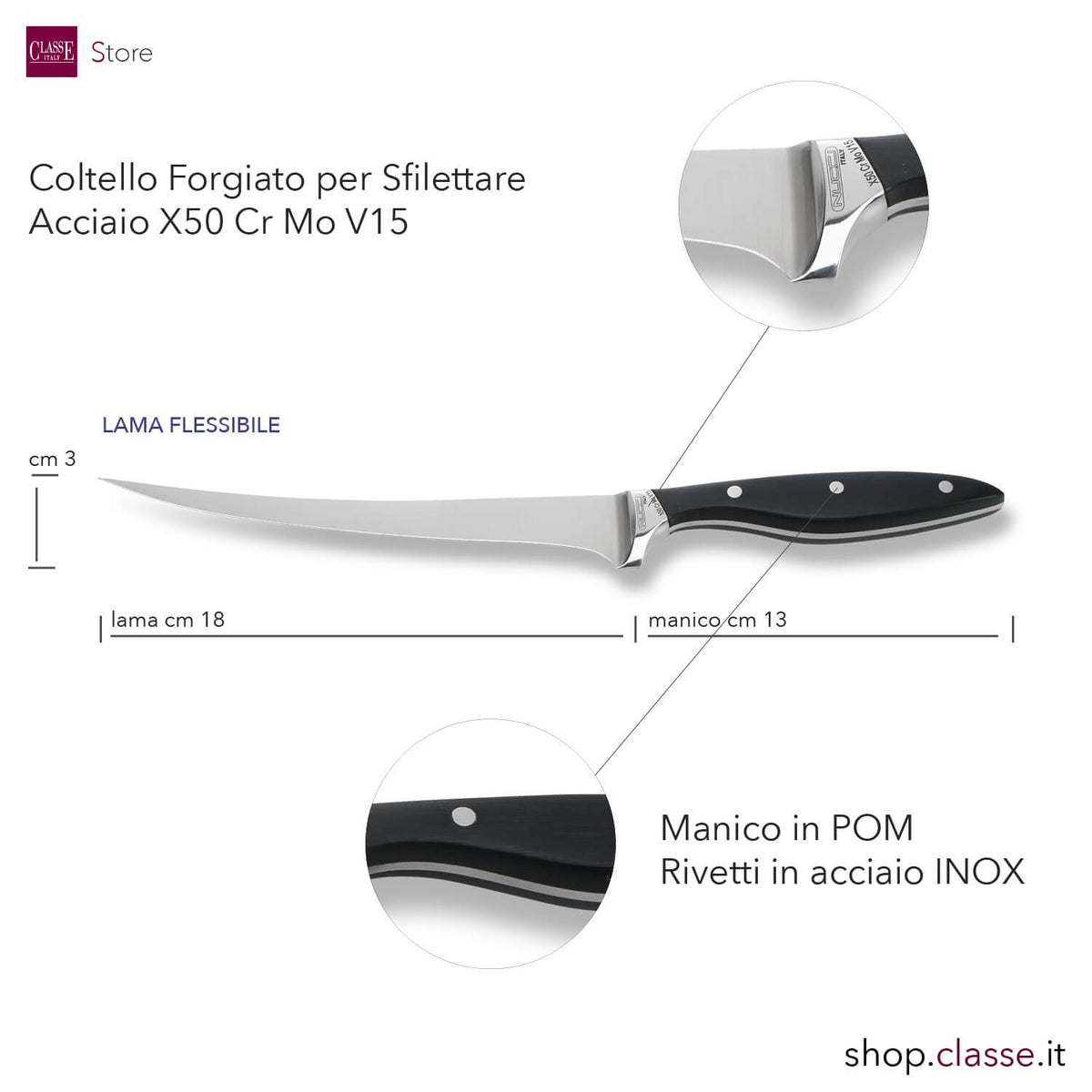 COLTELLO SFILETTATORE CM 19 FORGIATO MANICO NERO DETTAGLIO MISURE