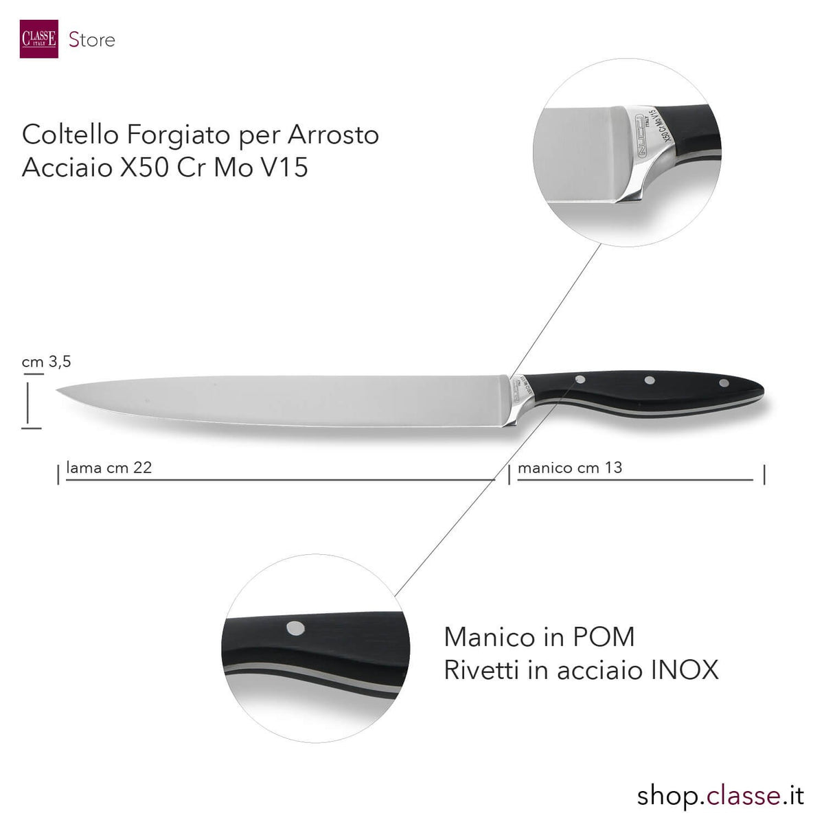COLTELLO ARROSTO CM22 FORGIATO MANICO NERO DETTAGLIO MISURE