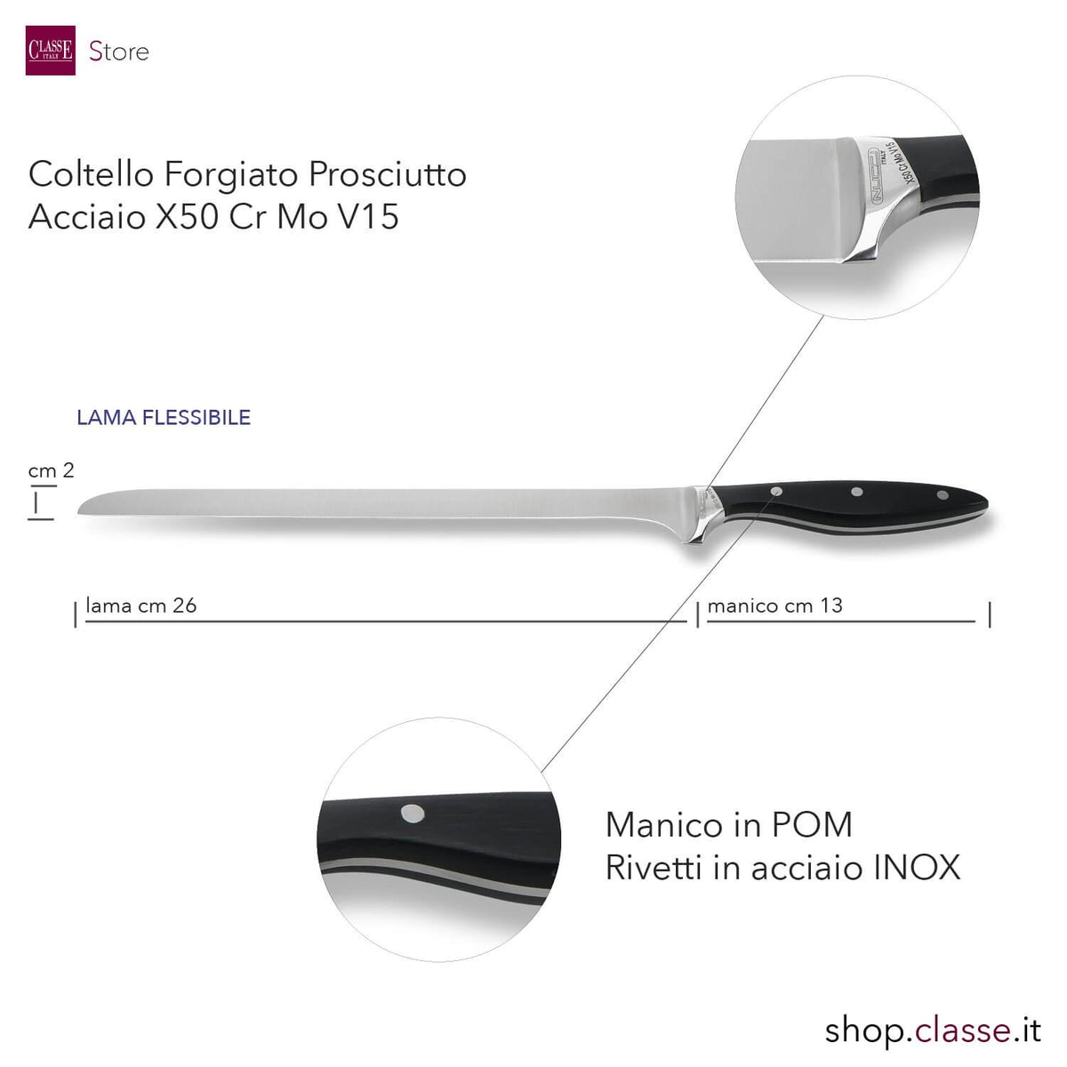 COLTELLO PROSCIUTTO CM26 FORGIATO MANICO NERO DETTAGLIO MISURE