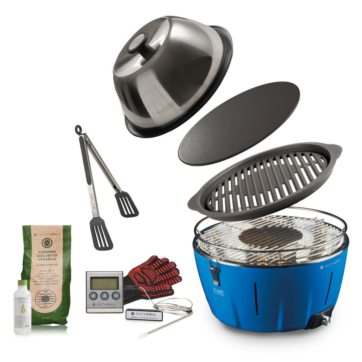 Instagrill Master Griller Blu Oceano, il Barbecue da Tavolo a bassa emissione di fumo, completo dei suoi accessori e di starter kit.
