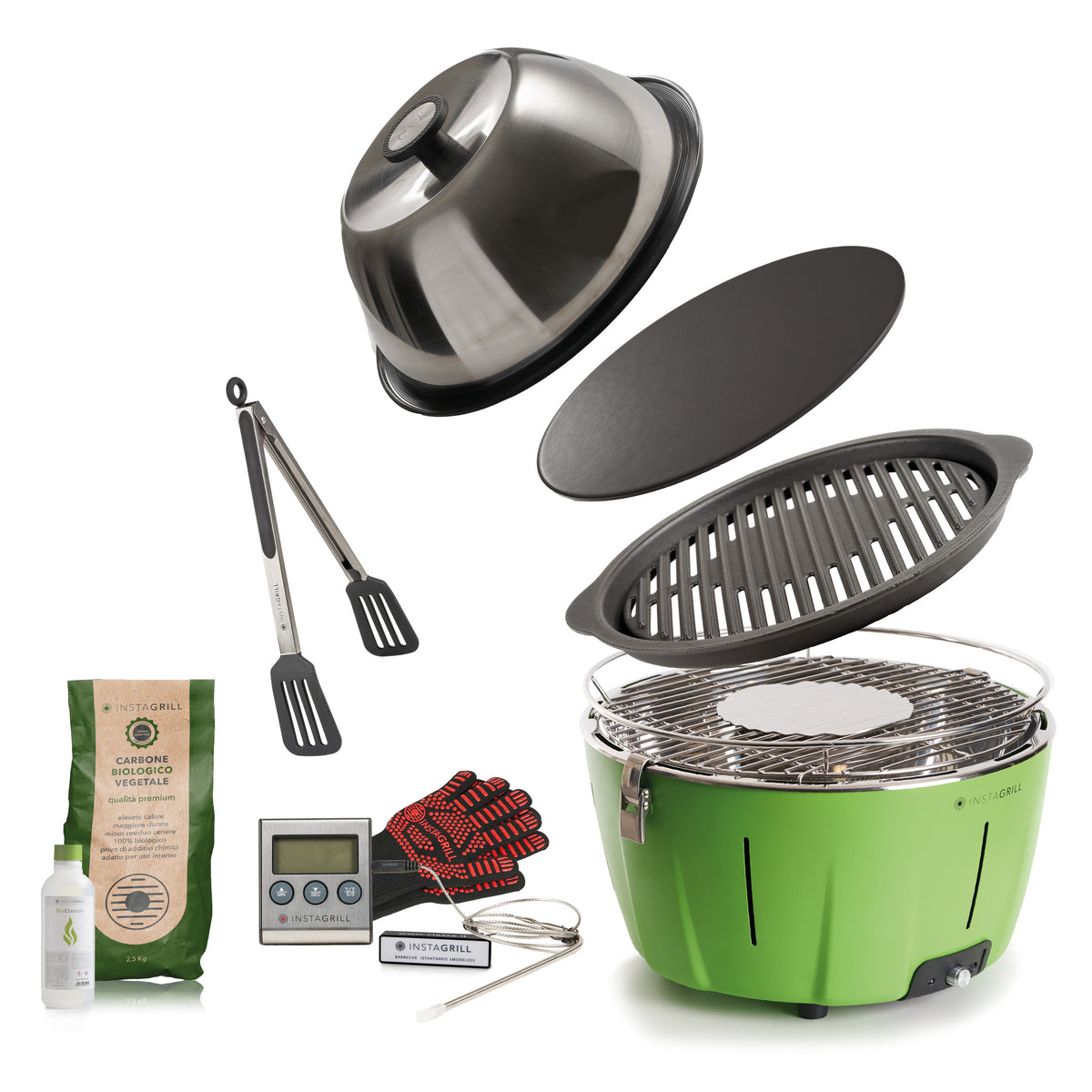 Instagrill Master Griller Verde Avocado, il Barbecue da Tavolo a bassa emissione di fumo, completo dei suoi accessori e di starter kit.