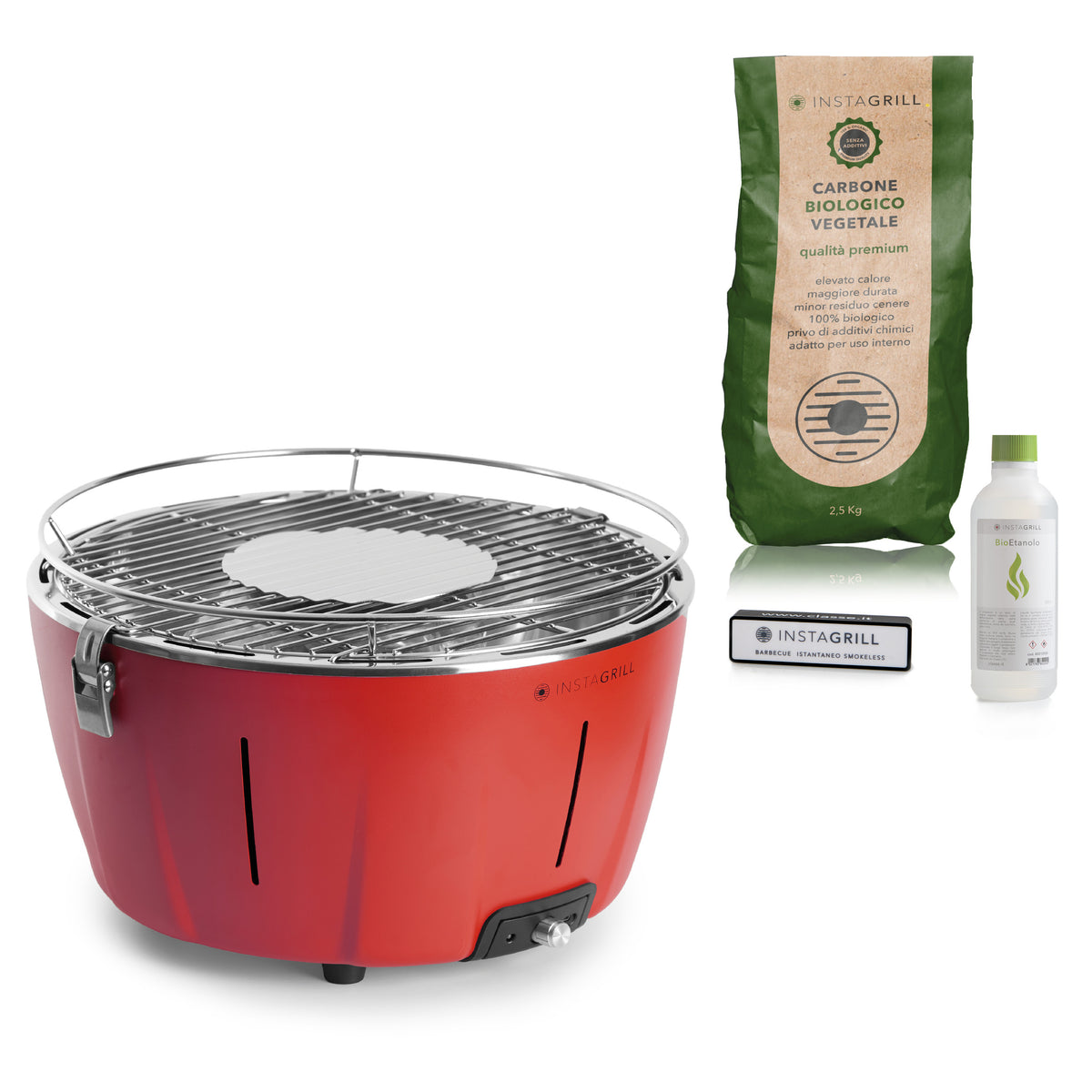 Instagrill Pak Rosso Corallo, il Barbecue da Tavolo a bassa emissione di fumo, completo di starter kit.