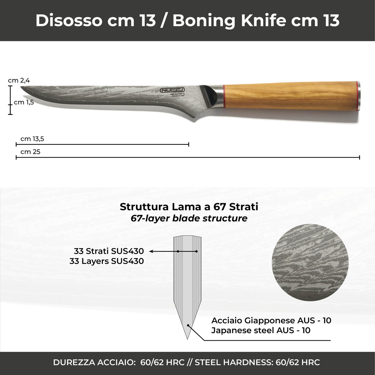 Coltello Disosso Damascato Giapponese con manico in olivo