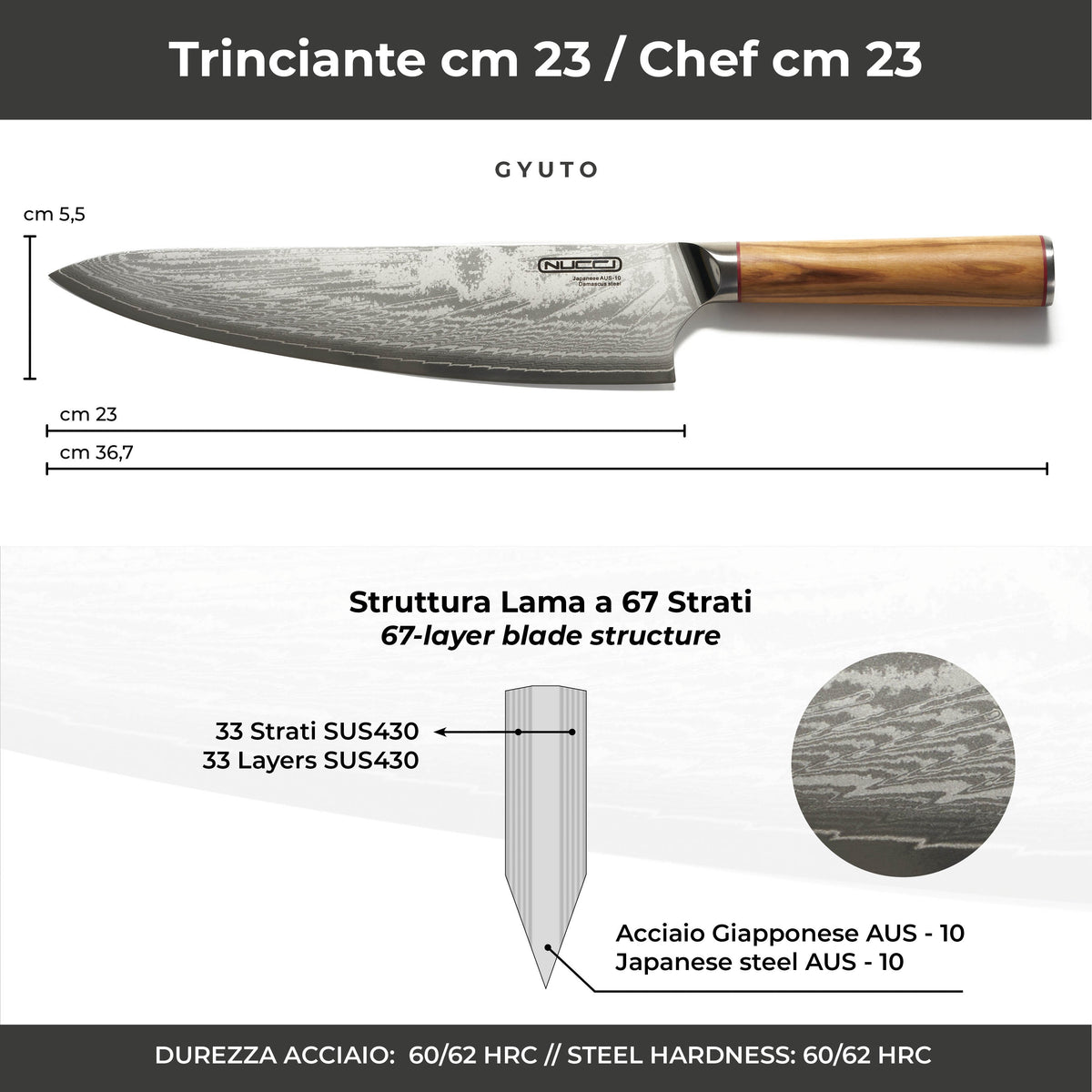 Coltello Trinciante 20cm  Damascato Giapponese con manico in olivo