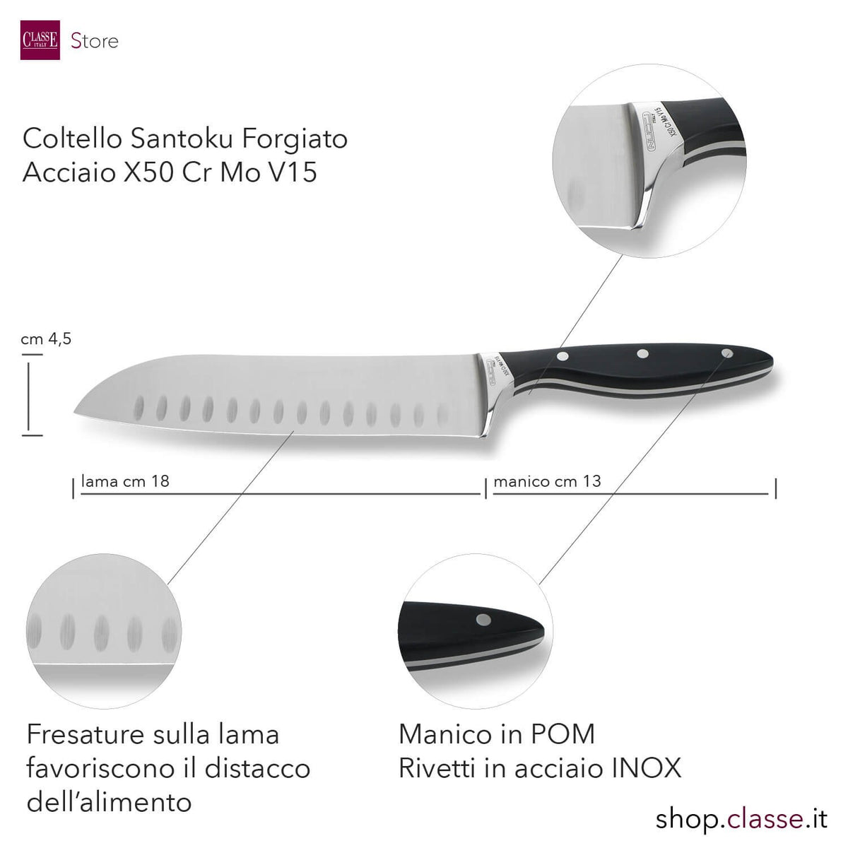 COLTELLO SANTOKU CM 17 FORGIATO  MANICO NERO DETTAGLI MISURE