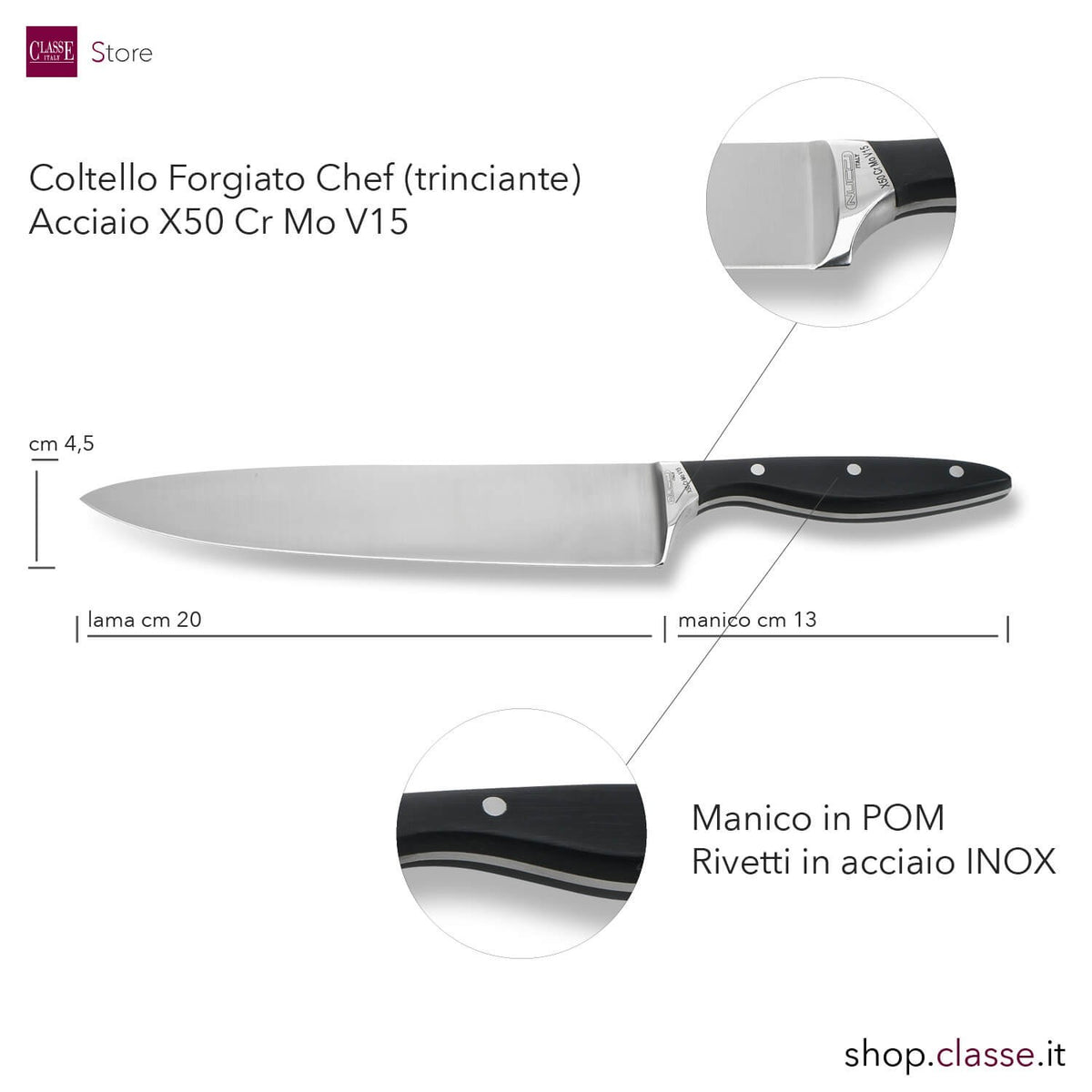 COLTELLO CUCINA TRINCIANTE CM20 FORGIATO  MANICO NERO DETTAGLIO MISURE