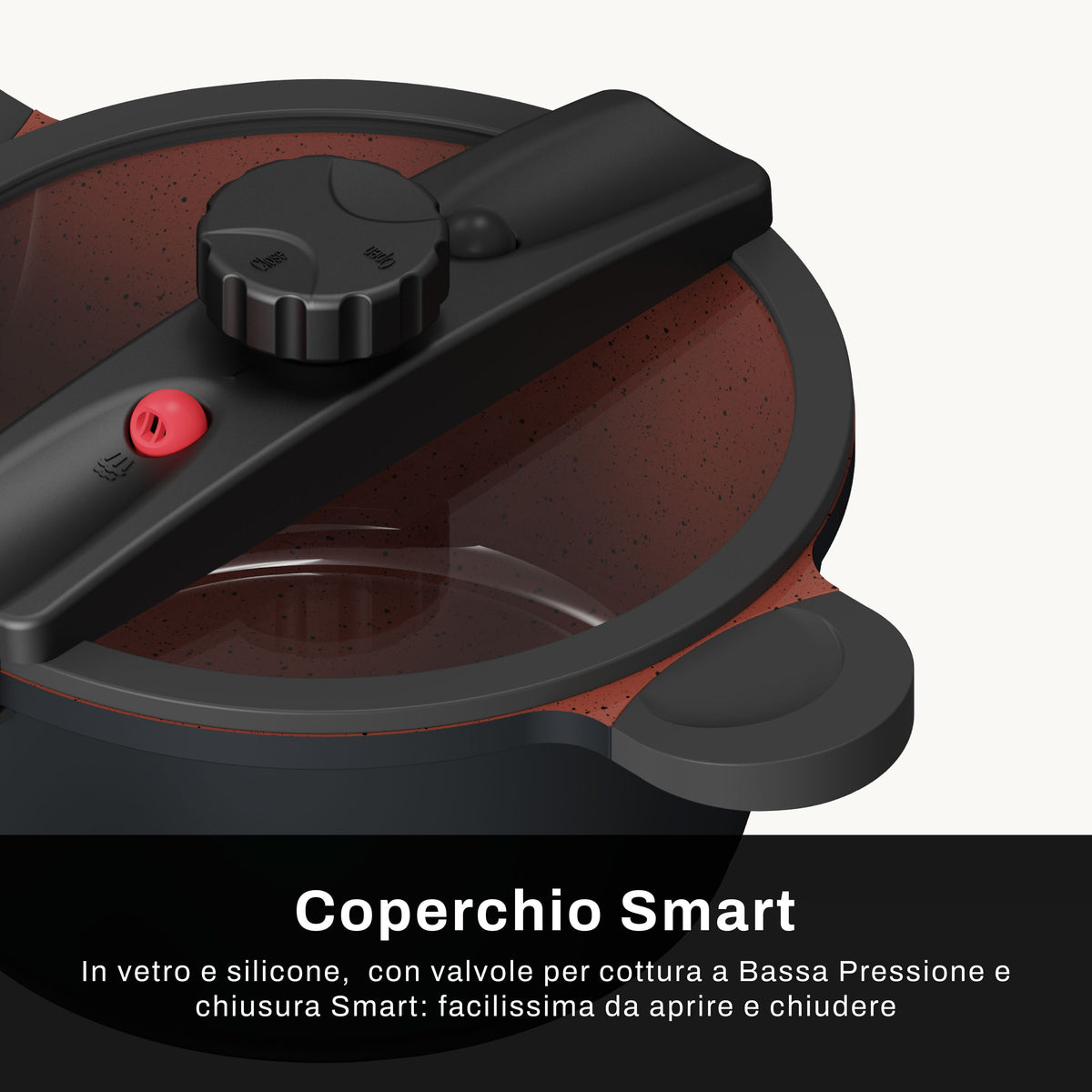 Coperchio Smart in Vetro e Silicone, con valvole per cottura a Bassa Pressione e chiusura Smart