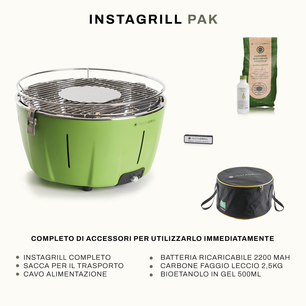 Instagrill Pak Verde Avocado, il Barbecue da Tavolo a bassa emissione di fumo, completo dei suoi accessori: sacca per il trasporto, carbone di faggio, bioetanolo in gel e power bank con cavo di alimentazione.