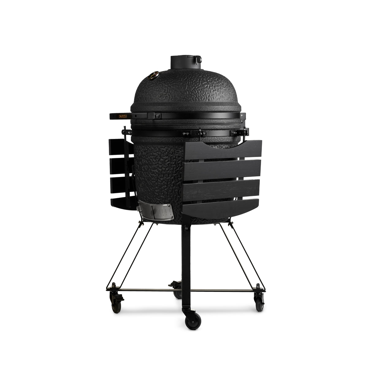 Kamado Black Medium con manici e ripiani in legno su carrello con ruote, perfetto per cucinare all'aperto in giardino o in terrazza