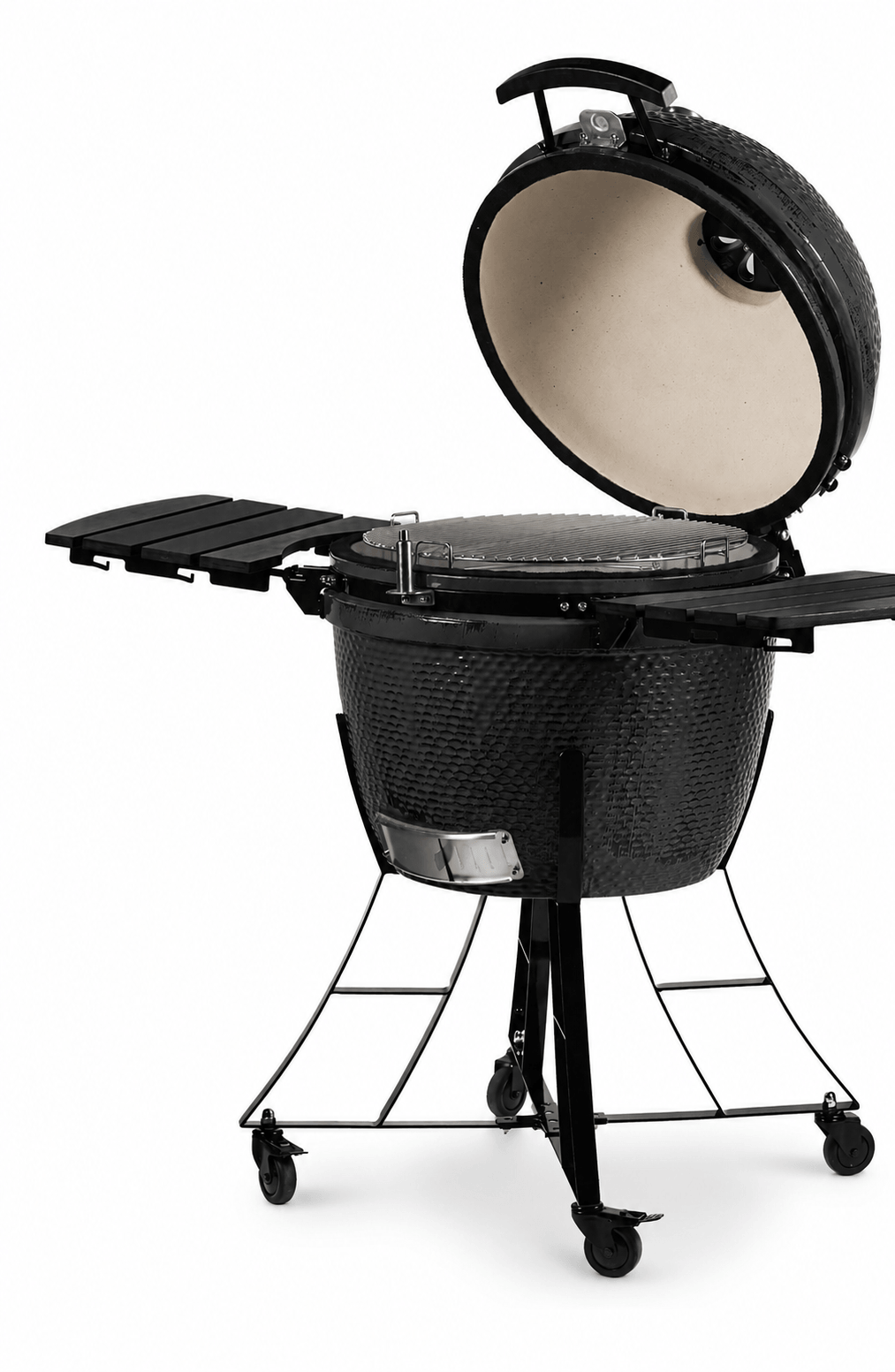 Kamado Barbecue Extra Large aperto a 45° con griglia in acciaio inox - calasse.comaly
