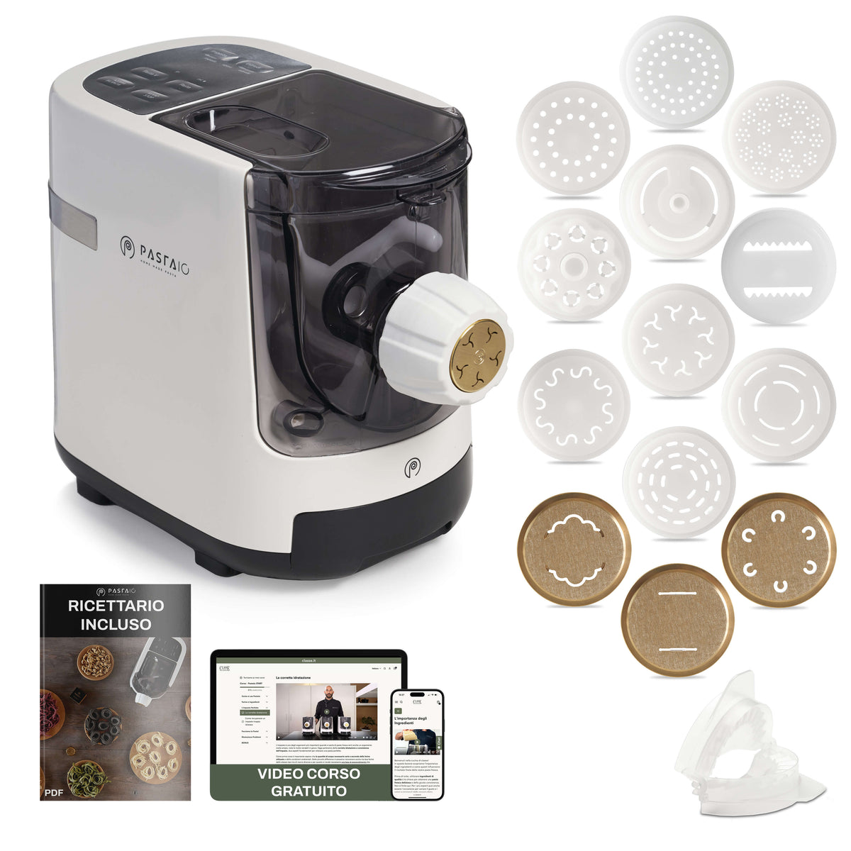 Macchina per la pasta PASTAIO Premium e per gli impasti  con 14 trafile di cui 3 trafile in bronzo