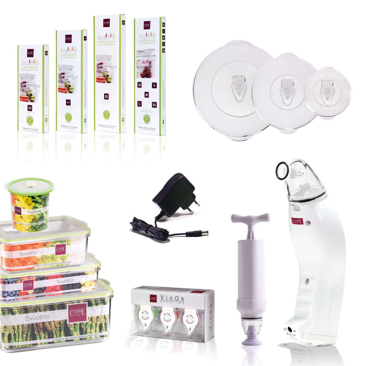 Svuotino Set All In, il set del palmare VinOk più completo, comprensivo di contenitori in varie misure, buste per sottovuoto, coperchi universali, tappi per bevande, alimentatore e estrattore manuale sottovuoto in omaggio