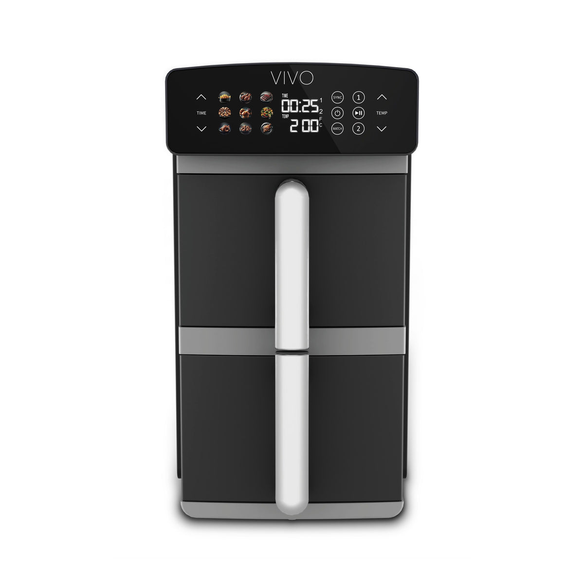 La nuova VIVO Air Fryer Double Stack da 11lt è dotata di doppio cassetto e display touch, elegante nel colore nero che le permette di integrarsi in ogni tipo di cucina.
